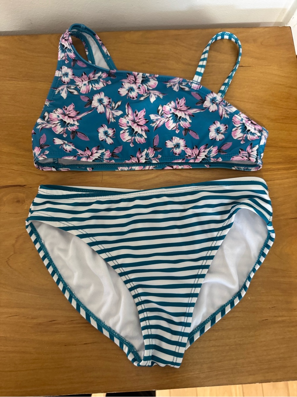4/$12 Art Class Teal Floral Crop Top & Teal White Striped Bikini Bottom